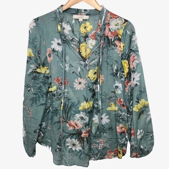 LOFT Tops - Loft Floral Print Tie Neck Blouse Size Medium Green 70187 Women’s